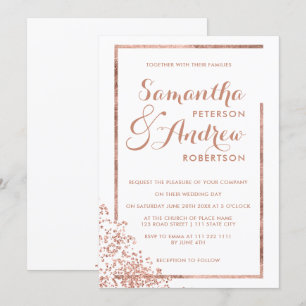 Moderne Rose Goldrahmen Weiße Konfetti Hochzeit Einladung