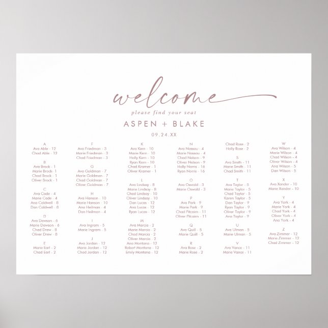 Moderne Rose Horizontaler Sitzplan Poster (Vorne)