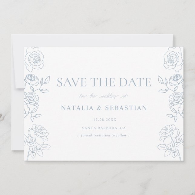Moderne Rose in Blau und Weiß Save The Date (Vorderseite)