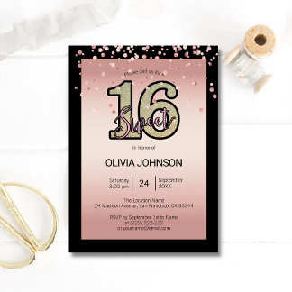 Moderne Rose Rosa Glitzer Sparkle 16 . Geburtstag  Einladung