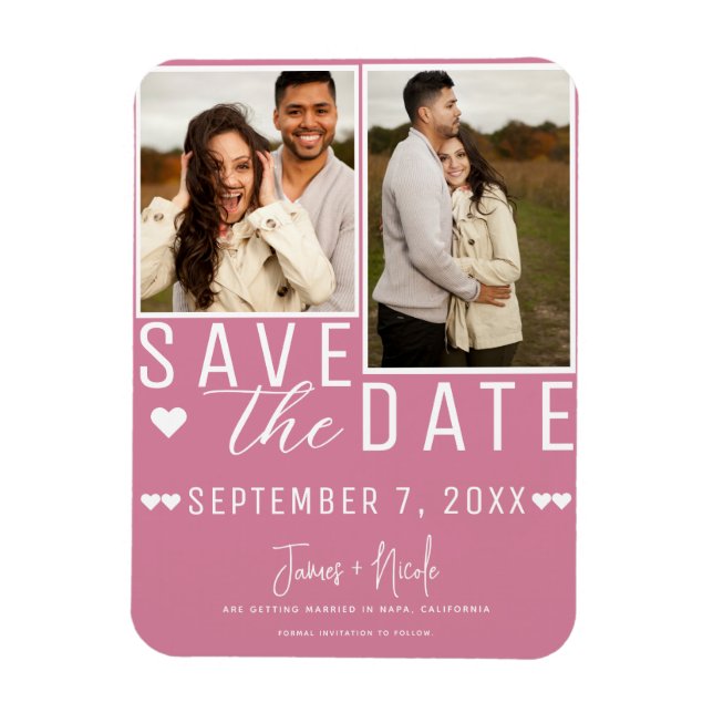 Moderne Rose Rosa Save the Date 2 Foto Hochzeit Magnet (Vertikal)