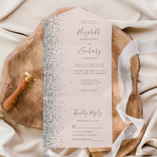 Moderne Rosé Silber Glitter Hochzeit All In One Einladung