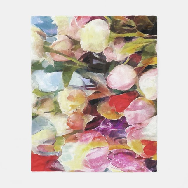 Moderne Rose Tulips Bouquet: Abstrakte Ölmalerei Fleecedecke (Vorderseite)
