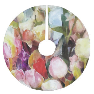 Moderne Rose Tulips Bouquet: Abstrakte Ölmalerei Polyester Weihnachtsbaumdecke