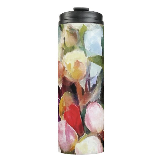 Moderne Rose Tulips Bouquet: Abstrakte Ölmalerei Thermosbecher (Vorderseite)
