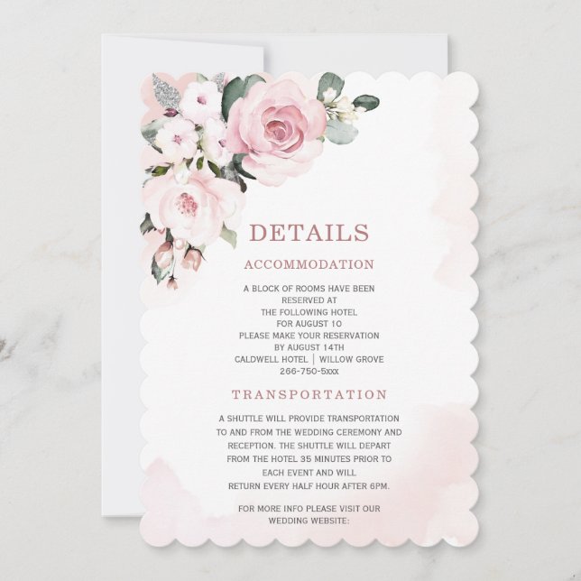 Moderne Rose und graue Hochzeitdetails Einladung (Vorderseite)