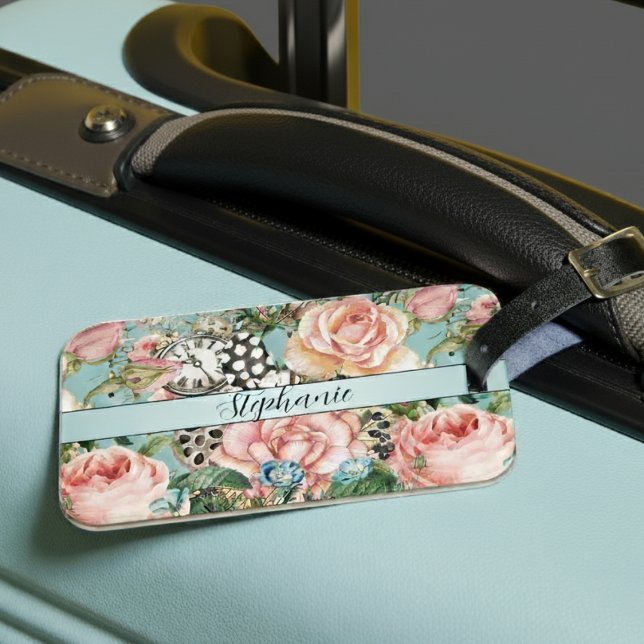Moderne Rose und Uhrenmuster blau Gepäckanhänger (Von Creator hochgeladen)
