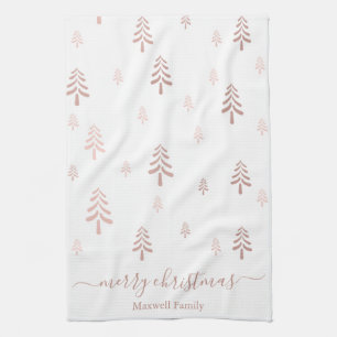 Moderne rosé weiße frohe Weihnachtsbäume Name Geschirrtuch