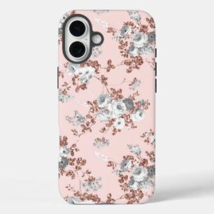 Moderne rosé weiße Rosen-Gold-Glitter-Blume iPhone 16 Plus Hülle