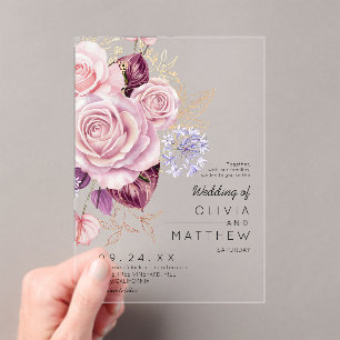 Moderne Roségold-Blush-Blumenhochzeit Acryleinladungen