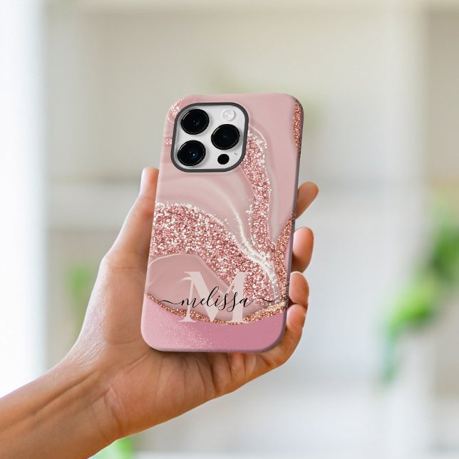Moderne Roségold Chic Glitter Monogramm iPhone Hülle (Von Creator hochgeladen)