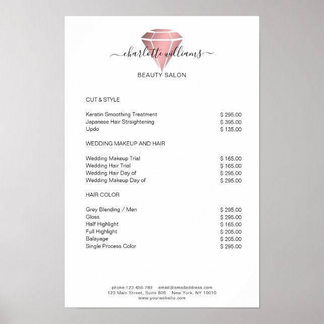 Moderne Rosegold Diamond Preisliste Poster (Vorne)