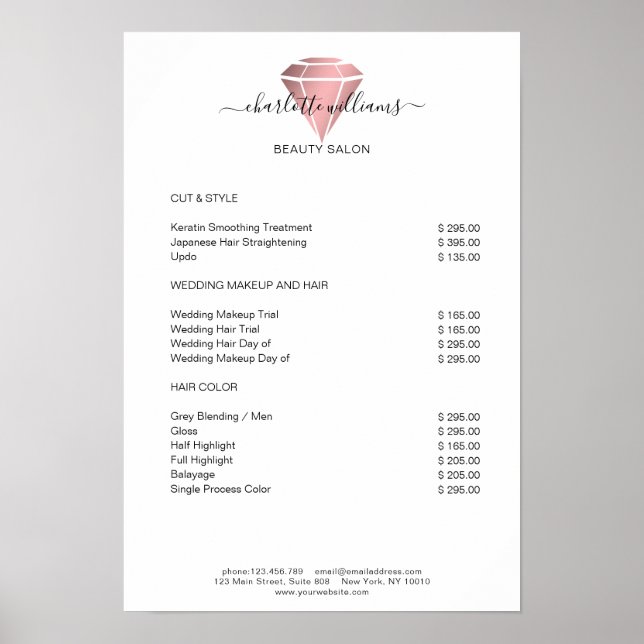 Moderne Rosegold Diamond Preisliste Poster (Vorne)