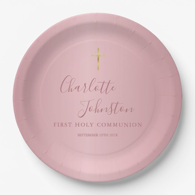 Moderne Roségold-First Holy Communion Pappteller (Vorderseite)