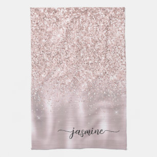 Moderne Roségold Glitter Monogramm Name Schrift Ki Geschirrtuch