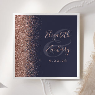 Moderne Roségold Glitterrand Dunkelblaue Hochzeit Serviette