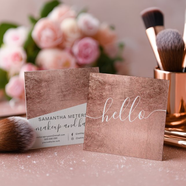 Moderne Roségold-Hello-Script-Quadratische-Make-up Quadratische Visitenkarte (Modern Rose Gold Hello Script Square Makeup Hair Square Business Card)