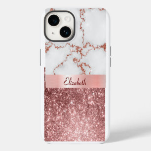 Moderne Roségold-Marmor-Faux-Glitter-Monogramm iPhone 14 Hülle