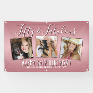 Moderne Roségold-Rosa-Fotocollage 50. Geburtstag Banner