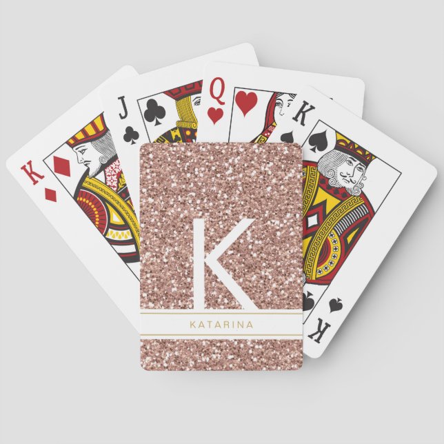 Moderne Roségold-Rosa Glitter-Monogramm-Initiale Spielkarten (Rückseite)