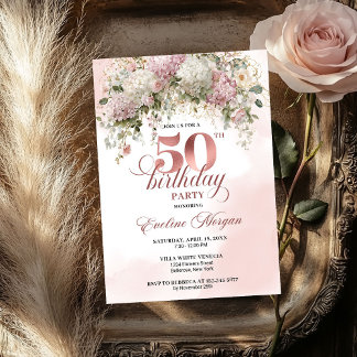 Moderne Rosen-Gold-Blush-Blumen 50. Geburtstag Einladung