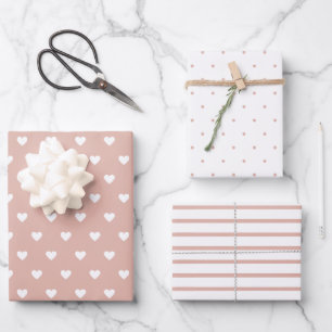 Moderne Rosenrote Herzen Streifen Punkte Valentins Geschenkpapier Set