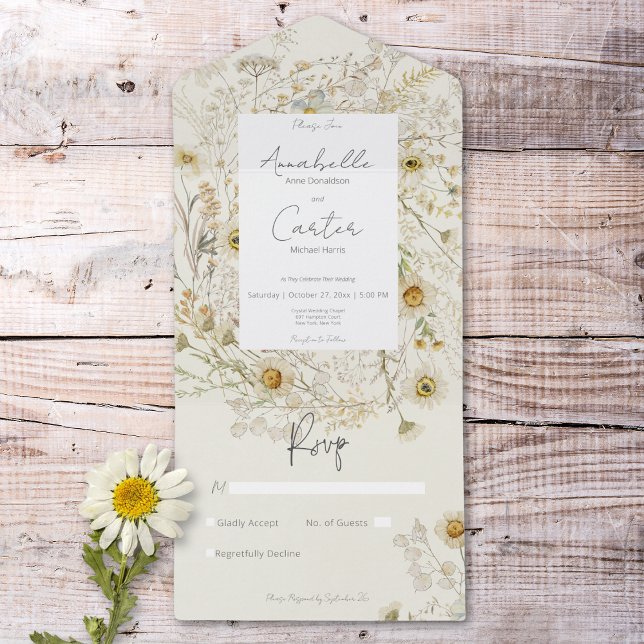Moderne, rostfreie Daisien ohne Abendessen All In One Einladung (Modern Rustic Dried Daisies Floral No Dinner All In One Invitation)