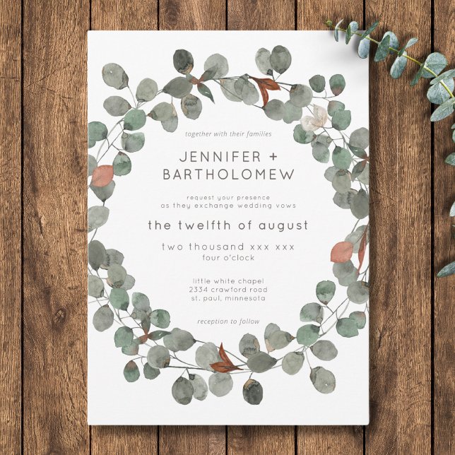 Moderne Rostgrüne Eukalyptus-Wreath-Hochzeit Einladung (Modern Rust Green Eucalyptus Wreath Wedding Invitation)