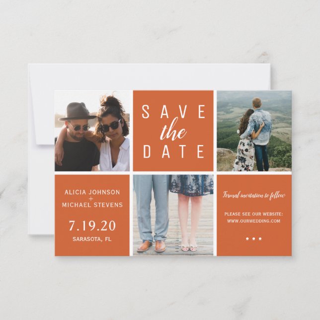 Moderne rostige Orange schlichte 3-Foto-Collage Save The Date (Vorderseite)
