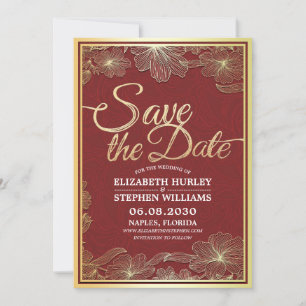 Moderne Rot-Gold-Blumenrahmen-Hochzeit retten das  Save The Date