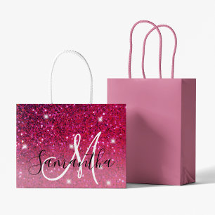 Moderne Rot-Rosa-Glitzer-Glitzern Name Große Geschenktüte