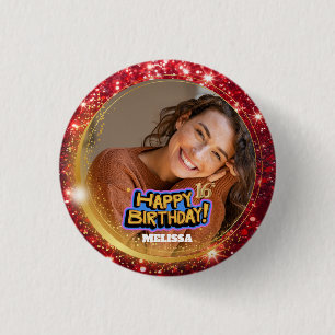 Moderne Rot- und Gold-Glitter-Foto-Name 16. Geburt Button