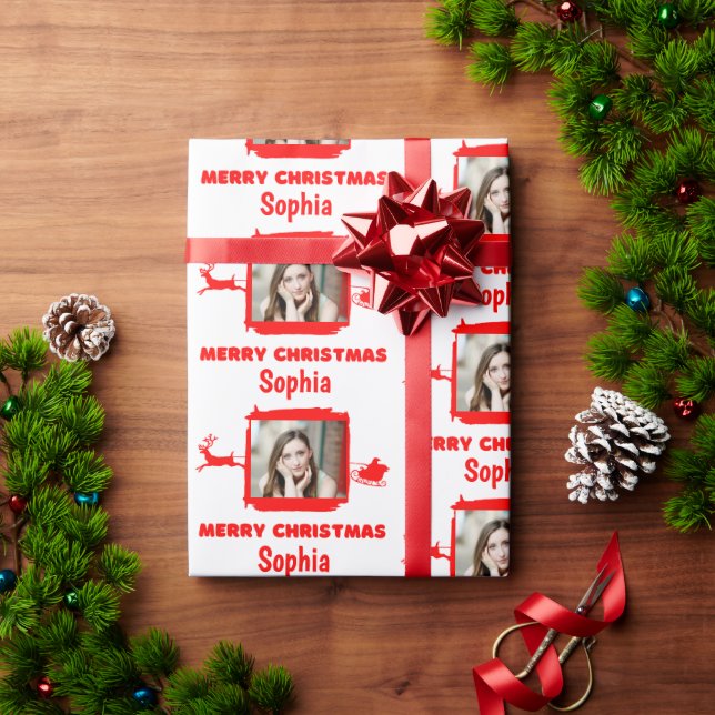 Moderne Rot und Weiß 1 Foto Frohe Weihnachten Geschenkpapier (Feiertagsgeschenk)