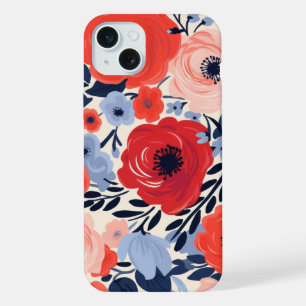 Moderne Rot-Weiß-Blau-Wasserfarben-Blumen iPhone 15 Plus Hülle