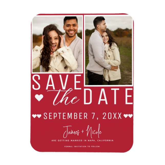 Moderne Rot & Weiß Save the Date 2 Foto Hochzeit Magnet (Vertikal)