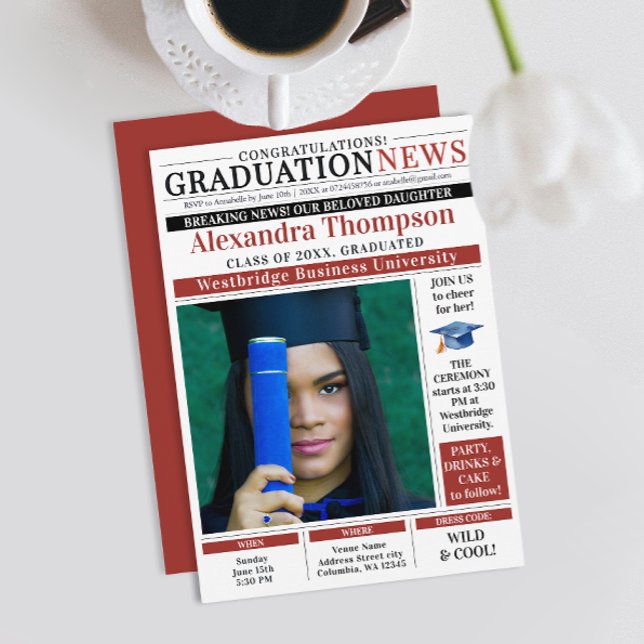 Moderne rote Abschlusszeitung Titelseite Hochschul Einladung (Von Creator hochgeladen)