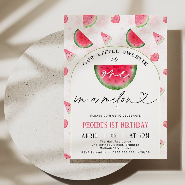 Moderne Rote Arche Eins in einem Melon 1. Geburtst Einladung (Modern One In A Melon 1st Birthday Invitation Template, Watermelon Themed First Birthday Invitation)