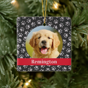 Moderne rote Banner-Hundefoto-Quadrat-Andenken Keramikornament