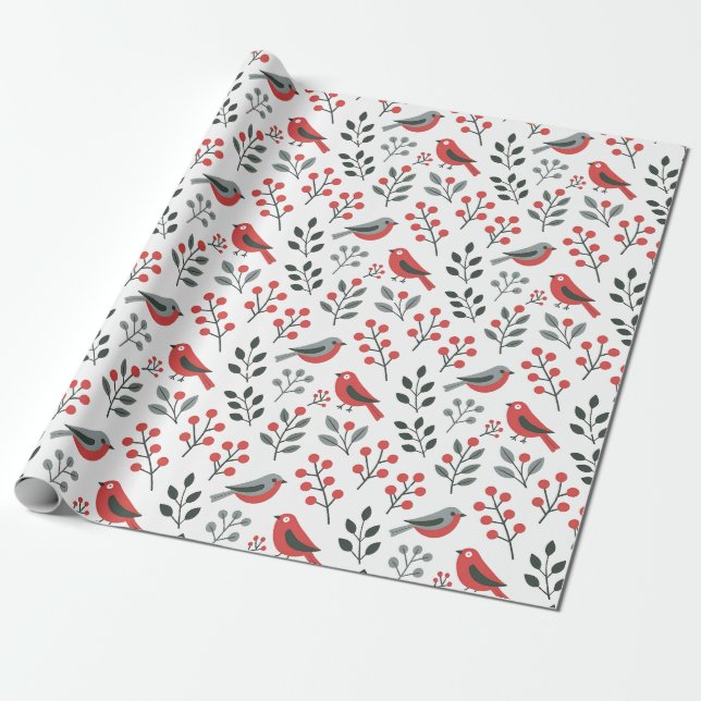 Moderne rote Beeren-Weihnachtsvogel  Geschenkpapier (Ungerollt)