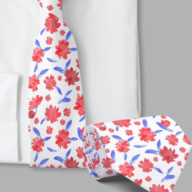 Moderne rote blaue Aquarellblumen Krawatte (Von Creator hochgeladen)