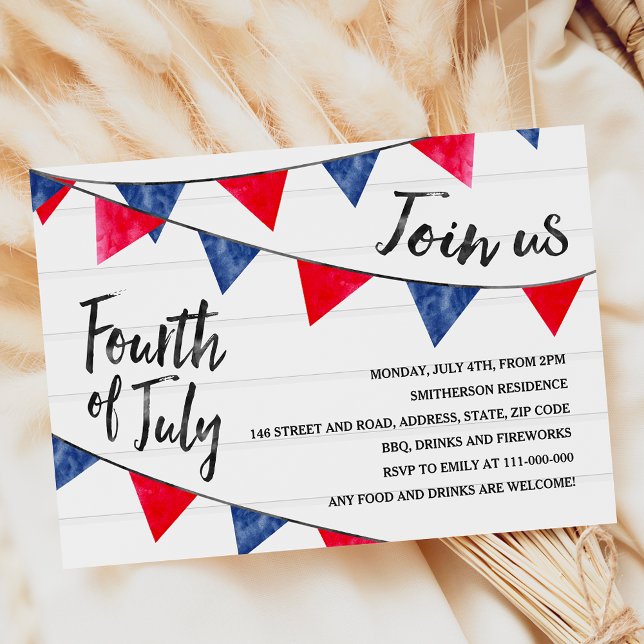Moderne rote blaue bunting Fahnen Holz 4. Juli Einladung (Modern red blue bunting flags wood 4th of July Invitation)