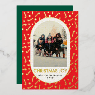 Moderne rote Candy-Cane-Bogen-Foto-Weihnachtsfreud Folien Feiertagskarte