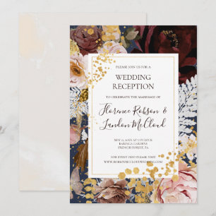 Moderne Röte Floral   Navy-Hochzeitsempfang Einladung