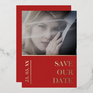 Moderne rote Foto-Folie Hochzeit 'Save the Date' Folien Feiertagskarte