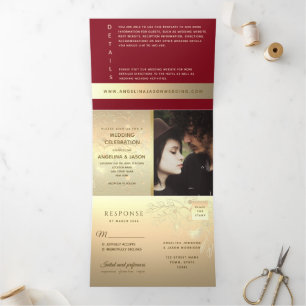 Moderne rote Foto-Hochzeit Dreifach Gefaltete Einladung