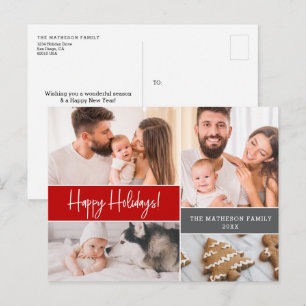 Moderne rote Frohe Feiertage Familienfoto-Collage  Feiertagspostkarte