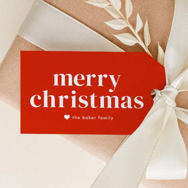 Moderne rote frohe Weihnachten Geschenkanhänger (Modern Merry Christmas gift tags with colorful stripe backer.)