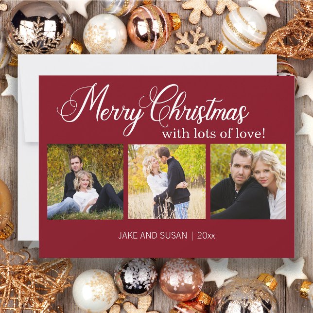 Moderne Rote Frohe Weihnachten Liebe Jahr 3 Foto (Red 3-photo Christmas greeting card)