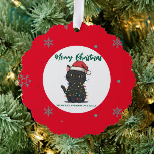 moderne rote fröhliche Katze Schneeflocke Weihnach Ornament Karte