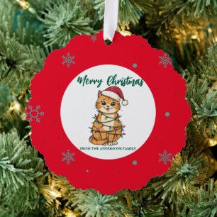 moderne rote fröhliche Katze Schneeflocke Weihnach Ornament Karte